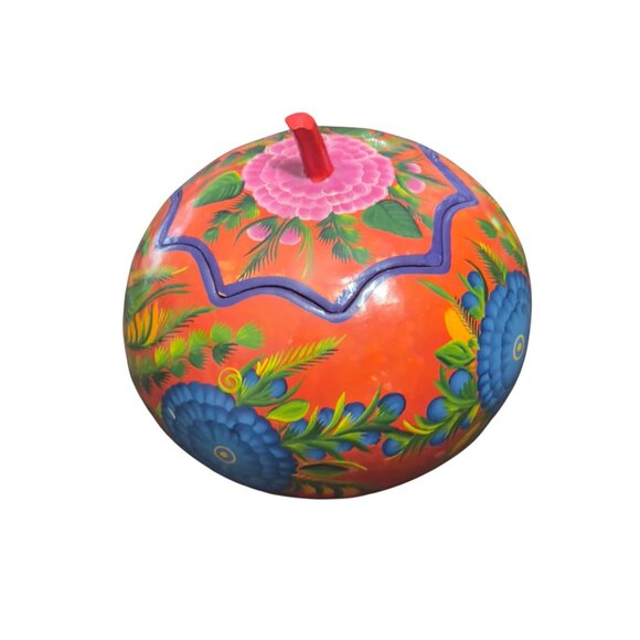 Handcrafted Mexican Painted Gourd Bowl With Floral Design - Picture 3 of 7